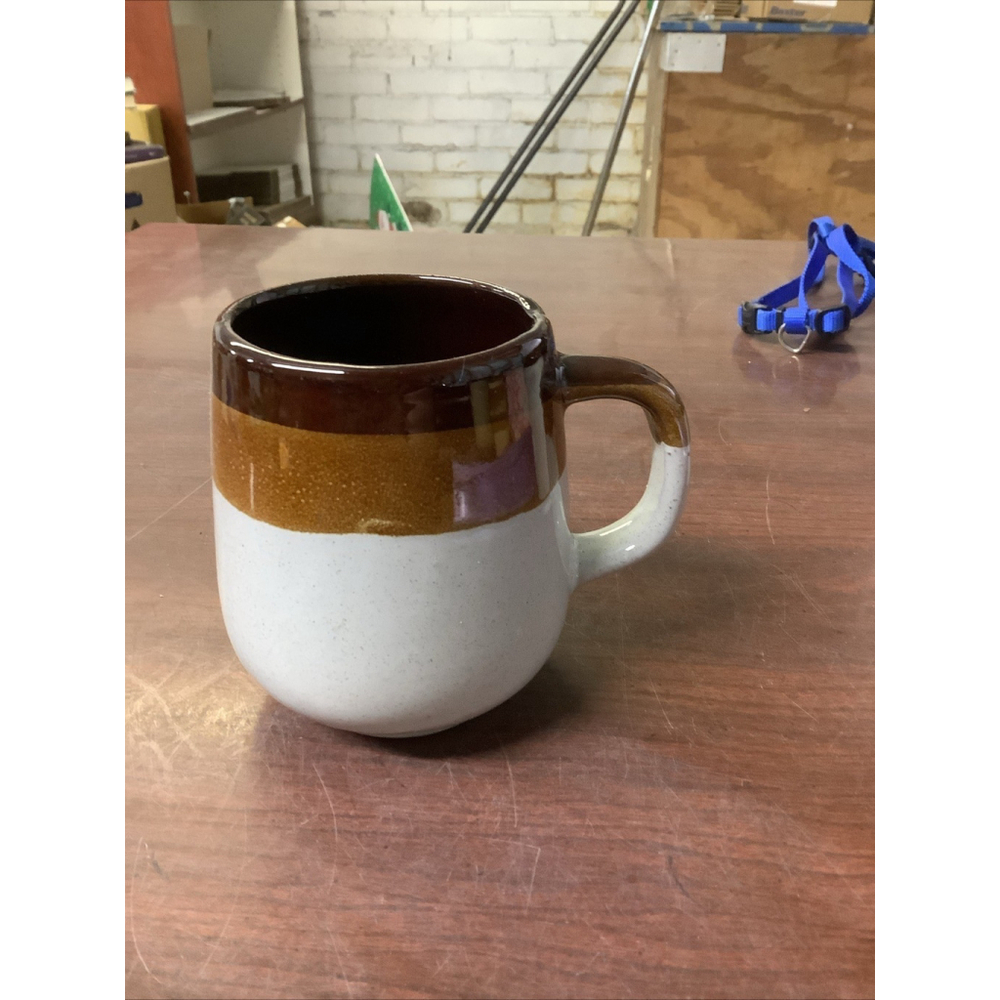 (2) Vtg Boho 2 Tone Brown over Cream Clay Mug Earth Tone Mugs Taiwan